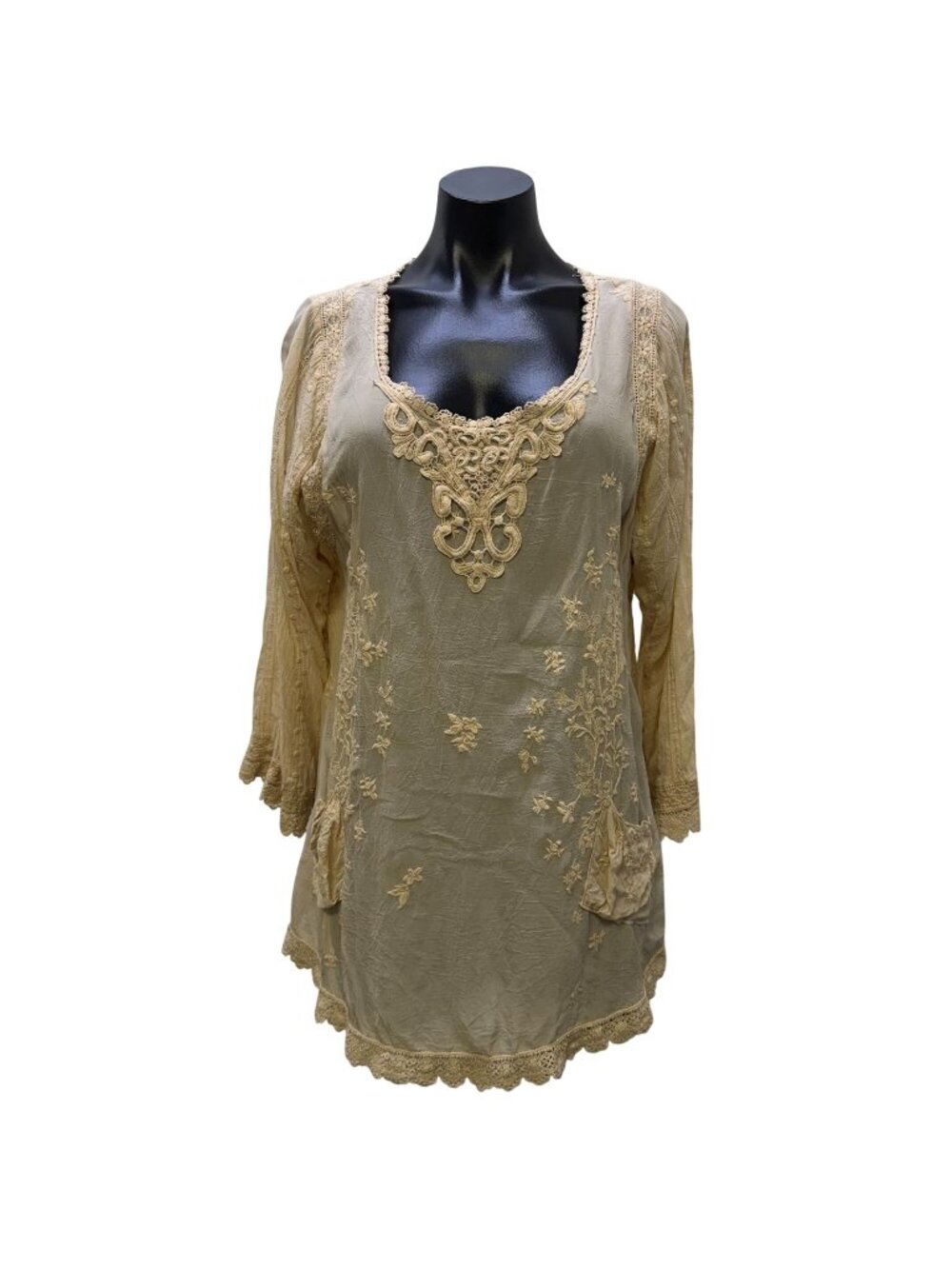 Johnny Was Nude Embroidered Lace Long Sleeve Tunic Blouse L